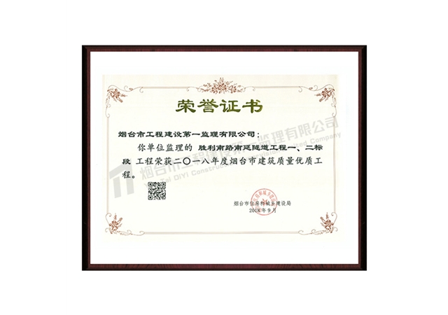 勝利南路南延隧道一、二標(biāo)段-2018年度煙臺(tái)市建筑質(zhì)量?jī)?yōu)質(zhì)工程